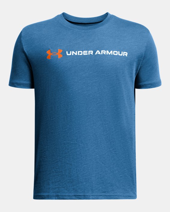 เสื้อแขนสั้น UA Logo Wordmark สำหรับเด็กผู้ชาย in Blue image number 0